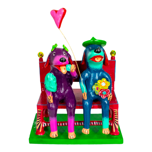 Couple of Puppies in Love sitting on a bench with a balloon, made of Betus Clay