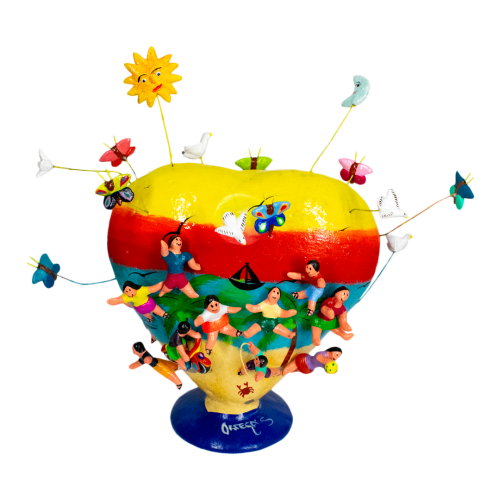 Heart surrounded by kids playing on the beach, made of Betus Clay
