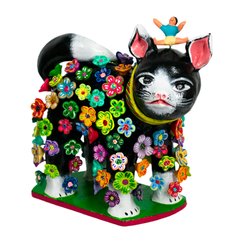 Black Cat Sculpture with Colorful Flowers, made of Betus Clay