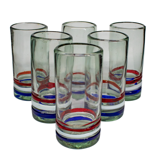 Set of 6 Glasses with Red, White and Blue Stripes made of Blown Glass